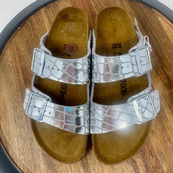 Birkenstock Arizona Gator Gleam Silver Slides Narrow Size 38 Women's 7 - Picture 5 of 8